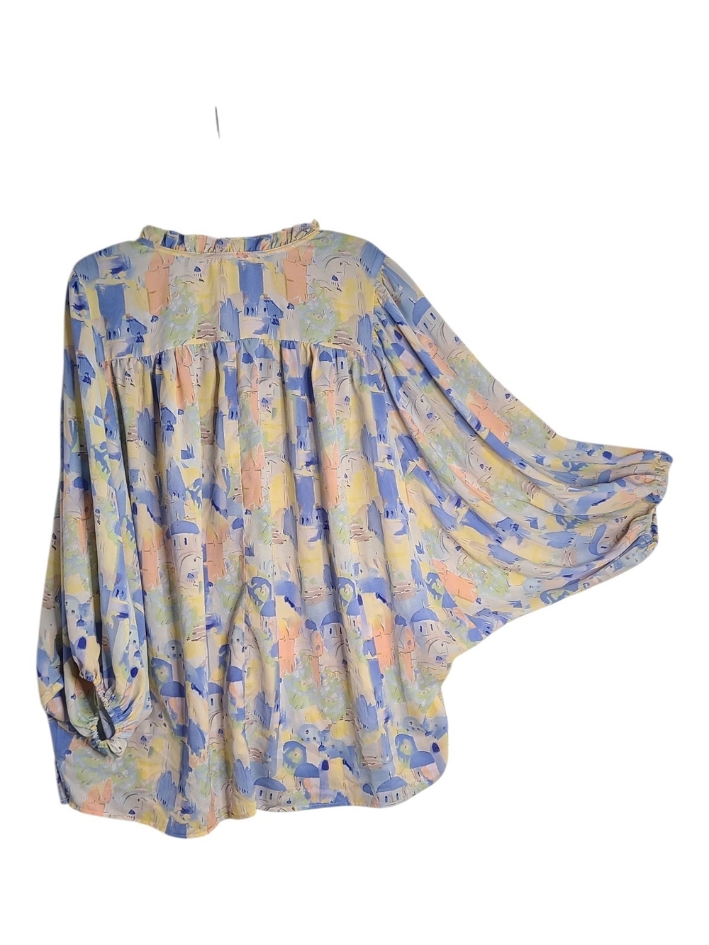 Entro Mediterranean Coastal Town Print Blouse Boho Ruffle Neck Plus Size 2X - Picture 3 of 9